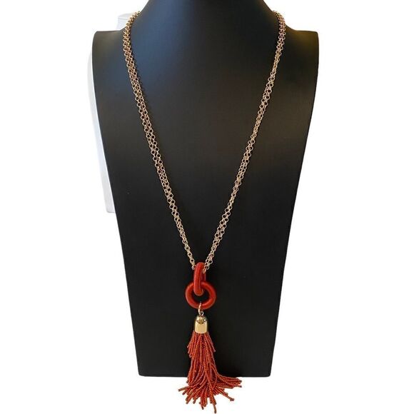 INC Double Gold Toned Chain w/ Rust Colored Cloth Rings & 3 Tiered Tassel. - Picture 1 of 8